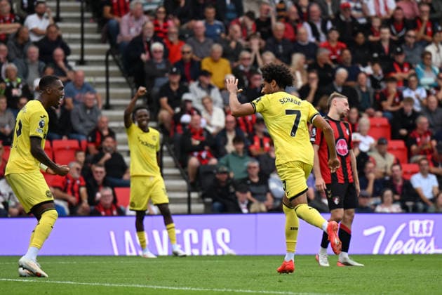 12th September 2026; Vitality Stadium, Bournemouth, England; Premier League Football, Bournemouth versus Brentford; Kevin Schade of Brentford FC celebrates scoring in 37th minute bringing the score to 0-1 SimonxWest