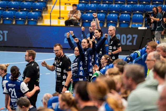 HSG Blomberg Lippe GER vs. Storhamar Handball Elite NOR, Handball, EHF Champions League Women, Group Stage, September 12, 2026, 2026–2027 Season, Lemgo: The players of HSG Blomberg Lippe (GER) celebrate after scoring a goal at the Lemgo Phoenix Contact Arena in Germany