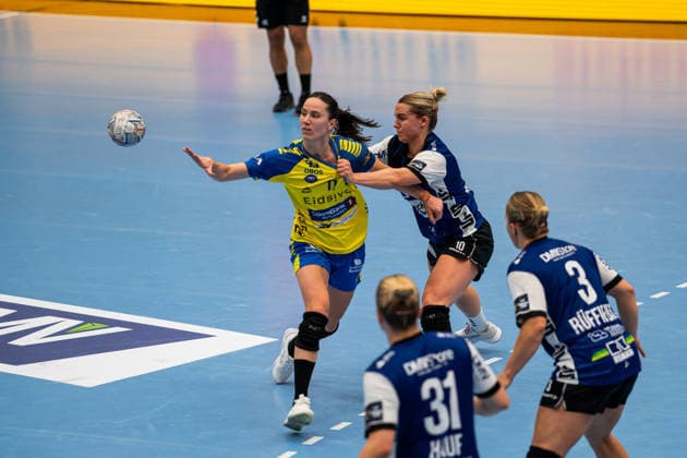 HSG Blomberg Lippe GER vs. Storhamar Handball Elite NOR, Handball, EHF Champions League Women, Group Stage, September 12, 2026, 2026–2027 Season, Lemgo’s Tonje Enkerud of Storhamar Handball Elite, No. 11, in a duel with Maxi Muehlner of HSG Blomberg Lippe, No. 10, at the Phoenix Contact Arena in Lemgo, Germany