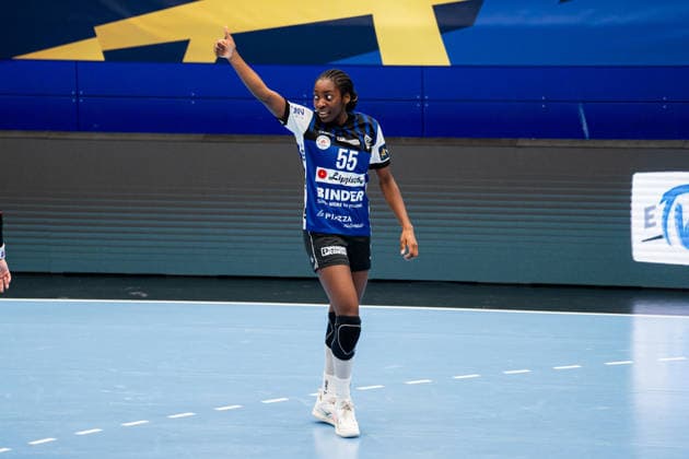 HSG Blomberg Lippe GER vs. Storhamar Handball Elite NOR, Handball, EHF Champions League Women, Group Stage, September 12, 2026, 2026–2027 Season, Lemgo’s Farrelle Njinkeu of HSG Blomberg Lippe, 55, celebrates after scoring a goal at the Lemgo Phoenix Contact Arena in Germany