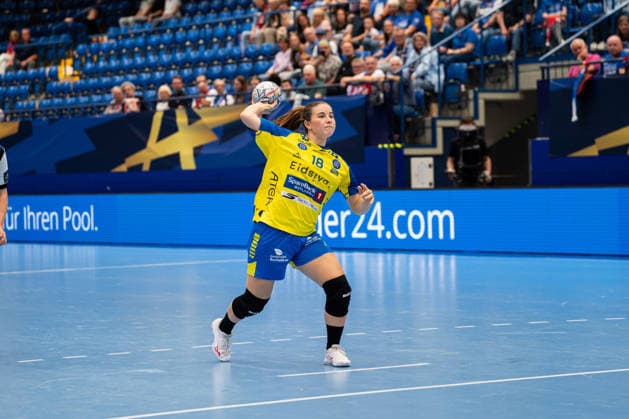 HSG Blomberg Lippe GER vs. Storhamar Handball Elite NOR, Handball, EHF Champions League Women, Group Stage, September 12, 2026, 2026–2027 Season, Lemgo Marte Juuhl Svensson Storhamar Handball Elite, 18, taking a 7-meter throw at the Lemgo Phoenix Contact Arena in Germany