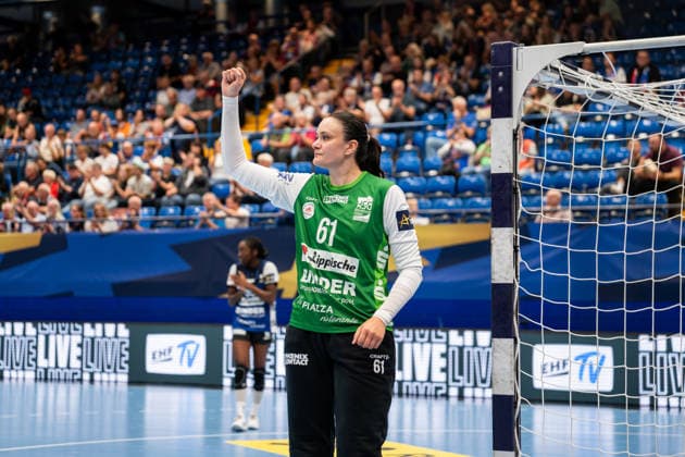 HSG Blomberg Lippe GER vs. Storhamar Handball Elite NOR, Handball, EHF Champions League Women, Group Stage, September 12, 2026, 2026–2027 Season, Lemgo: Nicole Roth of HSG Blomberg Lippe, 61, celebrates after a save at the Lemgo Phoenix Contact Arena in Germany