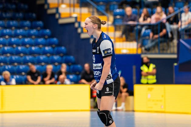 HSG Blomberg Lippe GER vs. Storhamar Handball Elite NOR, Handball, EHF Champions League Women, Group Stage, September 12, 2026, 2026–2027 Season, Lemgo’s Nieke Kuehne of HSG Blomberg Lippe, 09, celebrates after scoring a goal at the Lemgo Phoenix Contact Arena in Germany