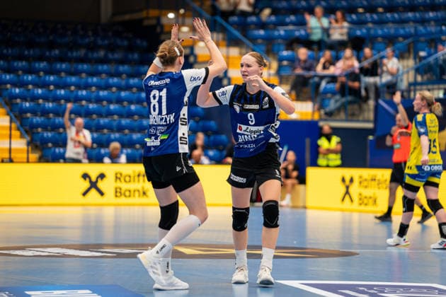HSG Blomberg Lippe GER vs. Storhamar Handball Elite NOR, Handball, EHF Champions League Women, Group Stage, September 12, 2026, 2026–2027 Season, Lemgo’s Karolina Jurenczyk of HSG Blomberg Lippe, No. 81, and Nieke Kuehne of HSG Blomberg Lippe, No. 09, celebrate after scoring a goal at the Lemgo Phoenix Contact Arena in Germany