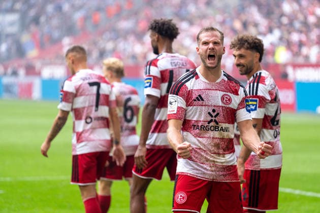 Eric Hottmann, Fortuna Düsseldorf, 9th minute: celebration of the 2-1 goal, game-winning goal, emotion, celebration, joy, emotion, Fortuna Düsseldorf vs. MSV Duisburg, soccer, 3. Liga, Matchday 5, 2026–27 season, September 12, 2026, DFL regulations prohibit any use of photographs as image sequences and or quasi-video, Fortuna Düsseldorf vs. MSV Duisburg, soccer, 3. Liga, Matchday 5, 2026–27 season, September 12, 2026, Düsseldorf Copyright: xEibner-Pressefoto LukasxBaldygax EP_LBA