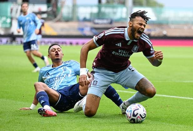 Tyrone Mings of Aston Villa is tackled by Dan Ndoye of Nottingham Forest Aston Villa v Nottingham Forest, Premier League, Football, Football, Villa Park, Birmingham, UK - 12 Sep 2026Birmingham Villa Park United Kingdom EDITORIAL USE ONLY No use with unauthorised audio, video, data, fixture lists, club league logos or live services. Online in-match use limited to 120 images, no video emulation. No use in betting, games or single club league player publications.  Copyright: xAnnaxGowthorpe Shutterstockx 17144543u