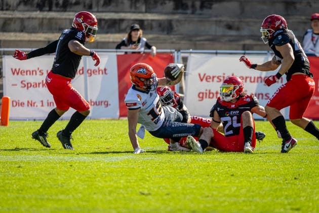 Aidan Enneking (ifm Razorbacks Ravensburg, 19 Tight End) Potsdam Royals vs ifm Razorbacks Ravensburg, American Football, German Football League, Week 19, 2026, 12.09.2026, Potsdam Sportpark Luftschiffhafen Brandenburg Germany Copyright: xPFA SebastianxJustx
