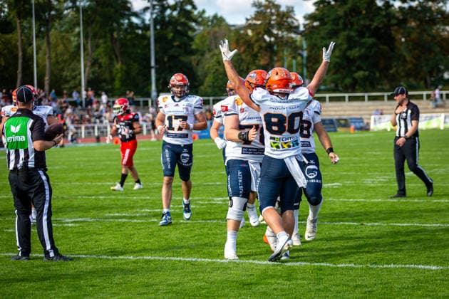 touchdown celebration William Enneking (ifm Razorbacks Ravensburg, 80 Tight End) Potsdam Royals vs ifm Razorbacks Ravensburg, American Football, German Football League, Week 19, 2026, 12.09.2026, Potsdam Sportpark Luftschiffhafen Brandenburg Germany Copyright: xPFA SebastianxJustx