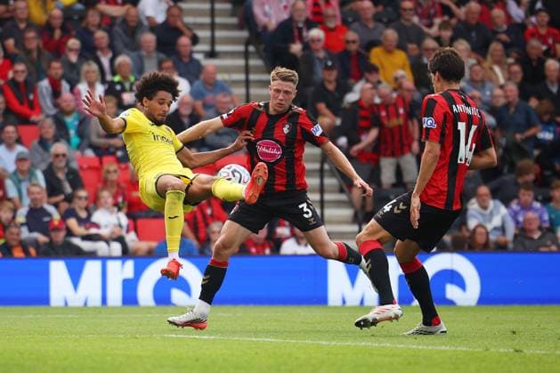 Penalty shout for Brentford as Kevin Schade of Brentford is challenged by Adrien Truffert of Bouremouth AFC Bournemouth v Brentford, Premier League, Football, Football, Vitality Stadium, Bournemouth, UK - 12 Sep 2026Bournemouth Vitality Stadium United Kingdom EDITORIAL USE ONLY No use with unauthorised audio, video, data, fixture lists, club league logos or live services. Online in-match use limited to 120 images, no video emulation. No use in betting, games or single club league player publications.  Copyright: xWillxCooper Shutterstockx 17144545w