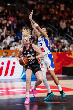 FIBA Women’s Basketball World Cup 2026: France vs. Germany, September 12, 2026; Marie Gülich (Germany, 21), Marine Johannes (France, 23); Basketball; FIBA Women’s Basketball World Cup 2026; Final Phase, Semifinal: France vs. Germany on September 12, 2026, at the Uber Arena, Berlin Copyright: xBEAUTIFULxSPORTS Tonhäuserx