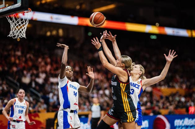 FIBA Women’s Basketball World Cup 2026: France vs. Germany, September 12, 2026—Alexandra Wilke (Germany, 3), Dominique Malonga (France, 14), Marine Johannes (France, 23)—Basketball, FIBA Women’s Basketball World Cup 2026, Final Phase, Semifinal: France vs. Germany on September 12, 2026, at the Uber Arena, Berlin Copyright: xBEAUTIFULxSPORTS Tonhäuserx