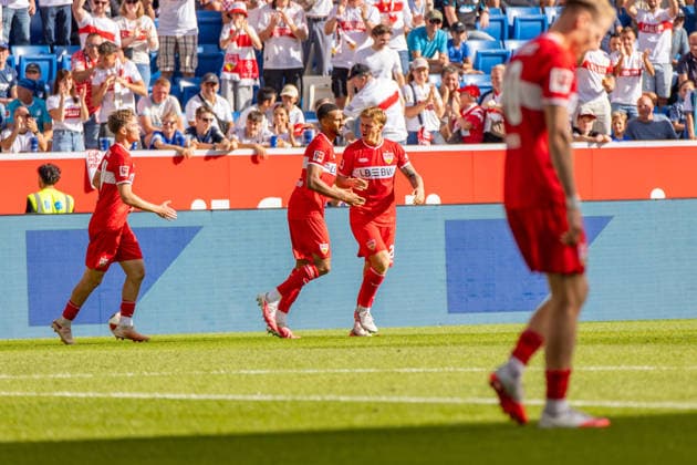 12.09.26 TSG Hoffenheim - VfB Stuttgart Deutschland, Sinsheim, 12.09.2026, Fussball, Bundesliga, Saison 2026 2027, TSG Hoffenheim - VfB Stuttgart: VfB Stuttgart, Jubel Tor 1:1 Mittelstädt. *** September 12, 2026 TSG Hoffenheim vs. VfB Stuttgart Germany, Sinsheim, September 12, 2026, Soccer, Bundesliga, 2026–2027 season, TSG Hoffenheim vs. VfB Stuttgart, VfB Stuttgart, celebration, goal 1-1, Mittelstädt