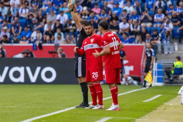 12.09.26 TSG Hoffenheim - VfB Stuttgart Deutschland, Sinsheim, 12.09.2026, Fussball, Bundesliga, Saison 2026 2027, TSG Hoffenheim - VfB Stuttgart: v.l. Deniz Undav, Bilal El Khannouss (beide VfB Stuttgart), Einwechslung. *** September 12, 2026 TSG Hoffenheim vs. VfB Stuttgart Germany, Sinsheim, September 12, 2026, Soccer, Bundesliga, 2026–2027 Season, TSG Hoffenheim vs. VfB Stuttgart; from left: Deniz Undav, Bilal El Khannouss (both VfB Stuttgart), substitution