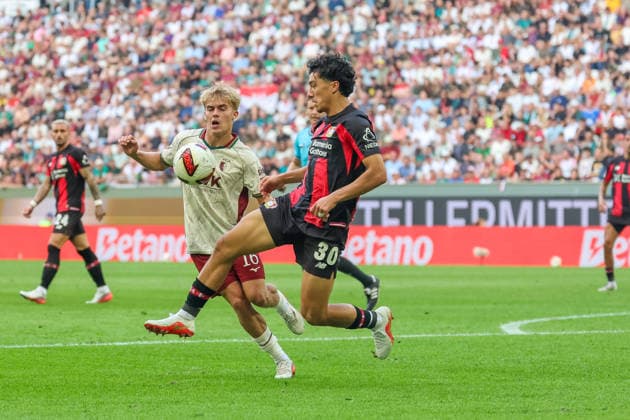 Ibrahim Maza (Bayer 04 Leverkusen, 30) mit Hennes Behrens (FC Augsburg, 16), GER, FC Augsburg vs. Bayer 04 Leverkusen, Fussball, Bundesliga, 3. Spieltag, Saison 2026 2027, 12.09.2026, DFL DFB REGULATIONS PROHIBIT ANY USE OF PHOTOGRAPHS as IMAGE SEQUENCES and or QUASI-VIDEO, GER, FC Augsburg vs. Bayer 04 Leverkusen, Fussball, Bundesliga, 3. Spieltag, Saison 2026 2027, 12.09.2026 Augsburg *** Ibrahim Maza, Bayer 04 Leverkusen, 30; Hennes Behrens, FC Augsburg, 16; GER; FC Augsburg vs. Bayer 04 Leverkusen; Soccer; Bundesliga; Matchday 3; 2026–2027 Season; September 12, 2026, DFL and DFB regulations prohibit any use of photographs as image sequences and or quasi-video, GER, FC Augsburg vs. Bayer 04 Leverkusen, Soccer, Bundesliga, Matchday 3, 2026–2027 season, September 12, 2026, Augsburg Copyright: xEibner-Pressefoto JennixMaulx EP_JML