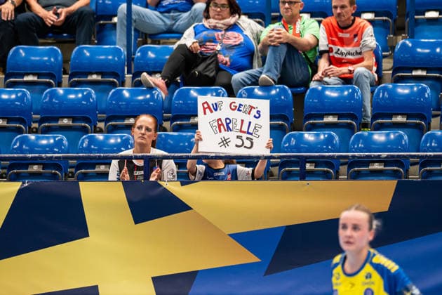 HSG Blomberg Lippe GER vs. Storhamar Handball Elite NOR, Handball, EHF Champions League Women, Group Stage, September 12, 2026, 2026–2027 Season, Lemgo: A banner from fans for Farrelle Njinkeu, HSG Blomberg Lippe, 55, Lemgo Phoenix Contact Arena, Germany