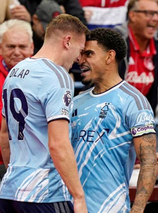 Birmingham, England, 12th September 2026. Liam Delap of Nottingham Forest (l) celebrates scoring the first goal with Morgan Gibbs White of Nottingham Forest (r) during the Aston Villa vs Nottingham Forest Premier League match at Villa Park, Birmingham. Picture credit should read: Andrew Yates Sportimage EDITORIAL USE ONLY. No use with unauthorised audio, video, data, fixture lists, club league logos or live services. Online in-match use limited to 120 images, no video emulation. No use in betting, games or single club league player publications. SPI_017_AY_Villa_Forest SPI-4990-0017