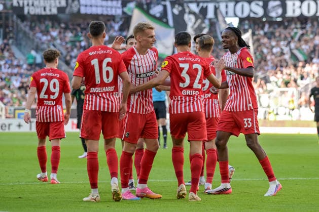 Jubel zum Tor zum 4:0 durch Yannik Engelhardt (SC Freiburg, 16) mit Philipp Treu (SC Freiburg, 29), Philipp Lienhart (SC Freiburg, 03), Vincenzo Grifo (SC Freiburg, 32), Lucas Hoeler (SC Freiburg, 09), Jordy Makengo (SC Freiburg, 33) GER, SC Freiburg vs Bor. Moenchengladbach, Fussball, Bundesliga, 3. Spieltag, Saison 2026 2027, 12.09.2026 DFL DFB REGULATIONS PROHIBIT ANY USE OF PHOTOGRAPHS AS IMAGE SEQUENCES AND OR QUASI-VIDEO GER, SC Freiburg vs Bor. Moenchengladbach, Fussball, Bundesliga, 3. Spieltag, Saison 2026 2027, 12.09.2026 Freiburg *** Celebration after Yannik Engelhardt (SC Freiburg, 16) scored the 4-0 goal with Philipp Treu (SC Freiburg, 29) and Philipp Lienhart (SC Freiburg, 03, Vincenzo Grifo (SC Freiburg, 32), Lucas Hoeler (SC Freiburg, 09), Jordy Makengo (SC Freiburg, 33 GER), SC Freiburg vs. Borussia Mönchengladbach, Soccer, Bundesliga, Matchday 3, 2026–2027 season, September 12, 2026 DFL DFB regulations prohibit any use of photographs as image sequences and or quasi-video GER, SC Freiburg vs. Borussia Mönchengladbach, Soccer, Bundesliga, Matchday 3, 2026–2027 Season, September 12, 2026, Freiburg Copyright: xEibner-Pressefotox EP_THS