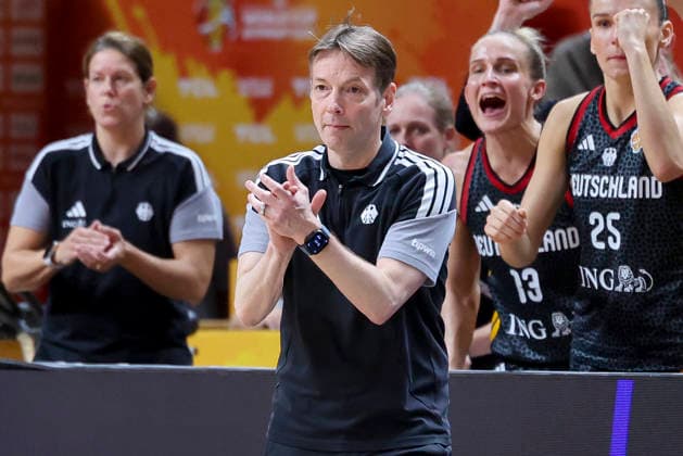 German national team coach Olaf Lange cheers as Germany plays in the semifinals of the 2026 FIBA Women s Basketball World Cup in Germany against France at the Berlin Arena on September 12, 2026, in Berlin, Germany. Photo by Marco Steinbrenner, DeFodi Images