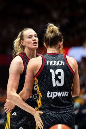 Marie Guelich (Germany), 21, and Leonie Fiebich (Germany), 13, cheer, GER, France vs. Germany, basketball, 2026 FIBA Women s World Cup, semifinals, September 12, 2026 GER, France vs. Germany, basketball, 2026 FIBA Women s World Cup, semifinals, September 12, 2026 Berlin Copyright: xEibner-Pressefoto MaxxVincenx EP_MVN