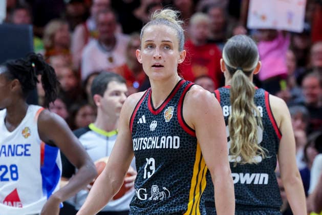 Leonie Fiebich of Germany looks dejected during the FIBA Women’s Basketball World Cup Germany 2026 semifinal match between France and Germany at the Berlin Arena on September 12, 2026, in Berlin, Germany. Photo by Marco Steinbrenner, DeFodi Images