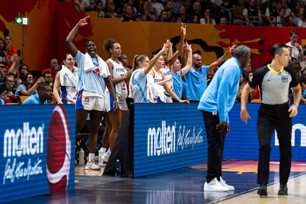 French bench celebrates; Valeriane Ayayi (France), 11; Marieme Badiane (France), 22; Romane Bernies (France), 47; GER; France vs. Germany; basketball; 2026 FIBA Women’s World Cup; Semifinals, September 12, 2026 GER, France vs. Germany, Basketball, 2026 FIBA Women’s World Cup, Semifinals, September 12, 2026 Berlin Copyright: xEibner-Pressefoto MaxxVincenx EP_MVN