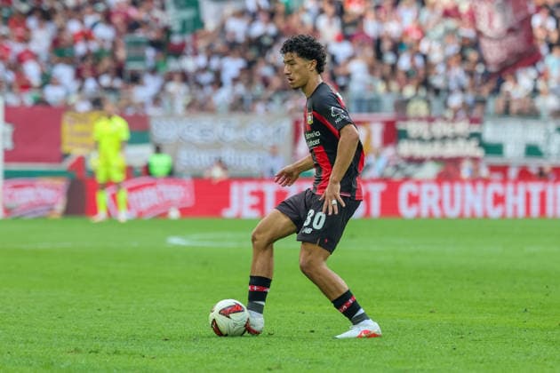 Ibrahim Maza (Bayer 04 Leverkusen, 30) mit Ball, GER, FC Augsburg vs. Bayer 04 Leverkusen, Fussball, Bundesliga, 3. Spieltag, Saison 2026 2027, 12.09.2026, DFL DFB REGULATIONS PROHIBIT ANY USE OF PHOTOGRAPHS as IMAGE SEQUENCES and or QUASI-VIDEO, GER, FC Augsburg vs. Bayer 04 Leverkusen, Fussball, Bundesliga, 3. Spieltag, Saison 2026 2027, 12.09.2026 Augsburg *** Ibrahim Maza of Bayer 04 Leverkusen, 30, with the ball, GER, FC Augsburg vs. Bayer 04 Leverkusen, Soccer, Bundesliga, Matchday 3, 2026–2027 season, September 12, 2026, DFL and DFB regulations prohibit any use of photographs as image sequences and or quasi-video, GER, FC Augsburg vs. Bayer 04 Leverkusen, soccer, Bundesliga, Matchday 3, 2026–2027 season, September 12, 2026, Augsburg Copyright: xEibner-Pressefoto JennixMaulx EP_JML