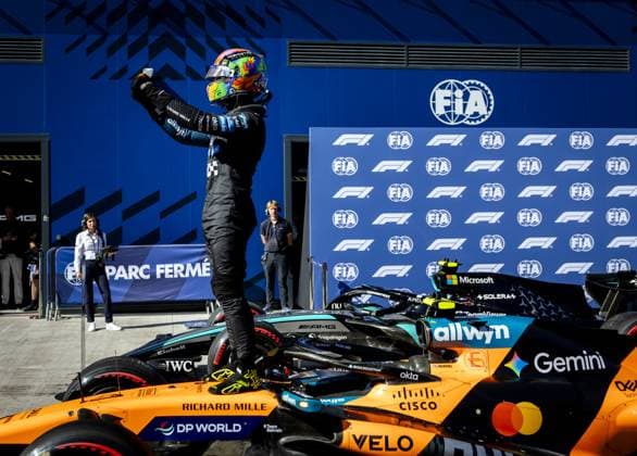 MADRID - Lando Norris (McLaren) celebrates his pole position after the qualifying session at the new Madring circuit ahead of the Spanish Grand Prix. SEM VAN DER WAL ANP xVIxANPxSportx xxANPxIVx 568310379 originalFilename: 568310379.jpg
