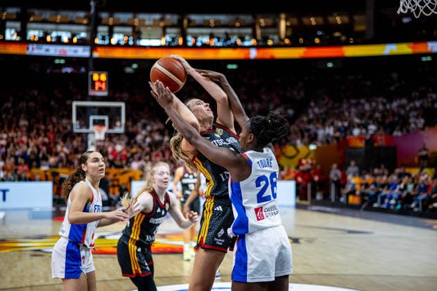 Basketball Berlin, September 12, 2026 FIBA Women’s Basketball World Cup Germany 2026 Semifinal France (FRA) vs. Germany (GER) Emily Bessoir (Germany, No. 22) vs. Migna Touré (France, No. 28)
