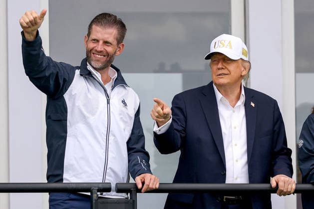 2026 Amgen Irish Open - Third Round, Trump International Golf Links, Doonbeg 12 9 2026 President of the United States of America Donald Trump watches over the eighteenth green with his son Eric Donald Trump watches over the eighteenth green with his son Eric 12 9 2026  Copyright: xx BB3_6239