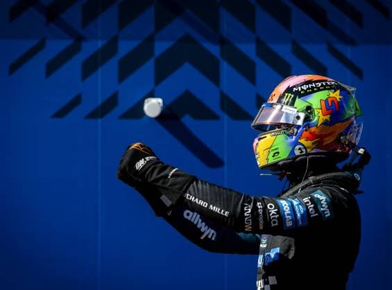 MADRID - Lando Norris (McLaren) celebrates his pole position after the qualifying session at the new Madring circuit ahead of the Spanish Grand Prix. SEM VAN DER WAL ANP xVIxANPxSportx xxANPxIVx 568310409 originalFilename: 568310409.jpg