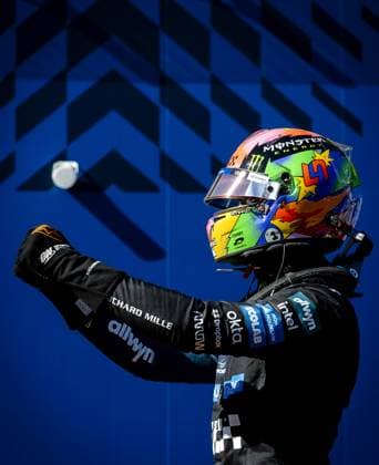MADRID - Lando Norris (McLaren) celebrates his pole position after the qualifying session at the new Madring circuit ahead of the Spanish Grand Prix. SEM VAN DER WAL ANP xVIxANPxSportx xxANPxIVx 568310845 originalFilename: 568310845.jpg