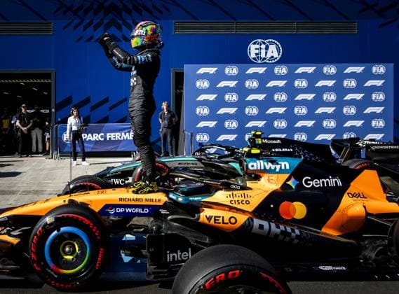 MADRID - Lando Norris (McLaren) celebrates his pole position after the qualifying session at the new Madring circuit ahead of the Spanish Grand Prix. SEM VAN DER WAL ANP xVIxANPxSportx xxANPxIVx 568310863 originalFilename: 568310863.jpg