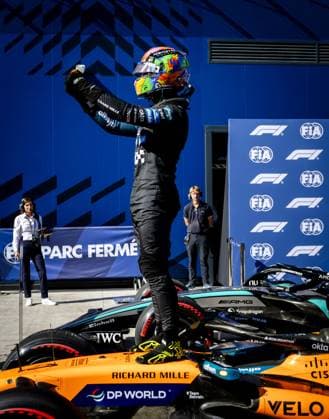 MADRID - Lando Norris (McLaren) celebrates his pole position after the qualifying session at the new Madring circuit ahead of the Spanish Grand Prix. SEM VAN DER WAL ANP xVIxANPxSportx xxANPxIVx 568310876 originalFilename: 568310876.jpg