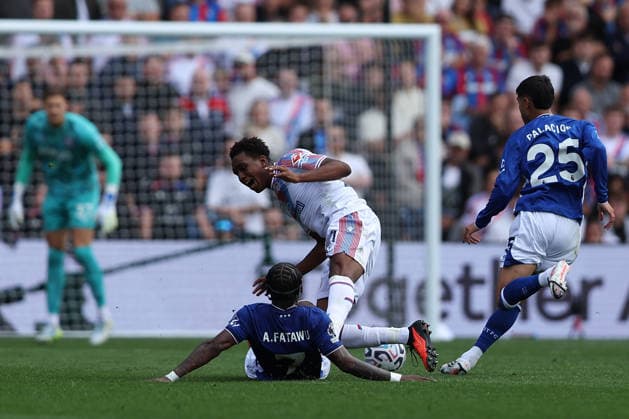 12th September 2026; Selhurst Park, London, England; Premier League Football, Crystal Palace versus Ipswich Town; Honest Ahanor of Crystal Palace is fouled by Abdul Fatawu of Ipswich Town who receives a yellow card as a result KatiexChan