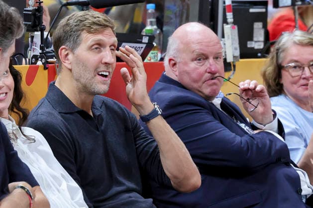 Dirk Nowitzki and Ingo Weiss, president of the German Basketball Federation, look dejected during the FIBA Women s Basketball World Cup Germany 2026 semifinal match between France and Germany at the Berlin Arena on September 12, 2026, in Berlin, Germany. Photo by Marco Steinbrenner, DeFodi Images