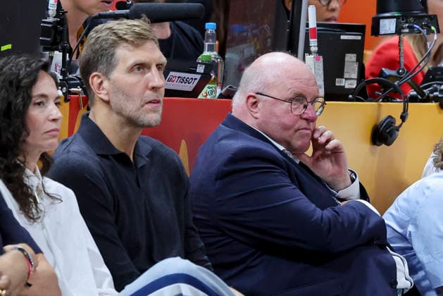 Dirk Nowitzki and Ingo Weiss, president of the German Basketball Federation, look dejected during the FIBA Women s Basketball World Cup Germany 2026 semifinal match between France and Germany at the Berlin Arena on September 12, 2026, in Berlin, Germany. Photo by Marco Steinbrenner, DeFodi Images