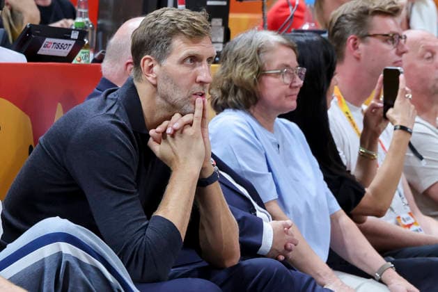 Dirk Nowitzki looks dejected during the FIBA Women s Basketball World Cup Germany 2026 semifinal match between France and Germany at the Berlin Arena on September 12, 2026, in Berlin, Germany. Photo by Marco Steinbrenner, DeFodi Images