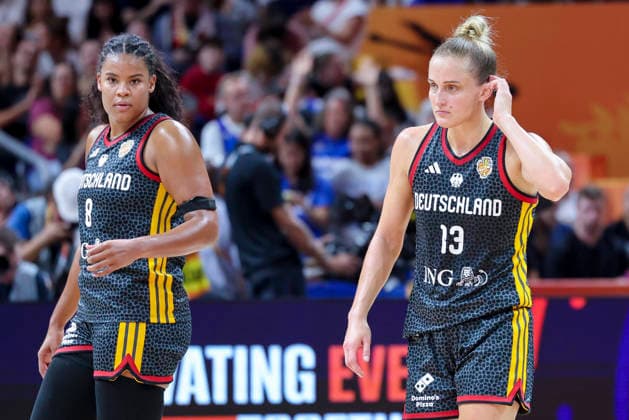 Nyara Sabally (Germany) and Leonie Fiebich (Germany) look dejected during the FIBA Women s Basketball World Cup Germany 2026 semifinal match between France and Germany at the Berlin Arena on September 12, 2026, in Berlin, Germany. Photo by Marco Steinbrenner, DeFodi Images