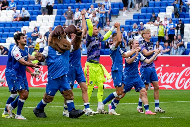 Spieler der TSG 1899 Hoffenheim, Jubel nach dem Schlusspfiff, Freude über den Sieg, Sieger, Gewinner, jubelt, jubeln, fröhlich, positiv, freut sich, freuen, optimistisch, Highlight, Action, Aktion, 12.09.2026, Sinsheim (Deutschland), Fussball, Bundesliga, TSG 1899 Hoffenheim - VfB Stuttgart, DFB DFL REGULATIONS PROHIBIT ANY USE OF PHOTOGRAPHS AS IMAGE SEQUENCES AND OR QUASI-VIDEO. *** TSG 1899 Hoffenheim players, celebrating after the final whistle, joy over the victory, winners, celebrating, cheerful, positive, happy, optimistic, highlight, action, September 12, 2026, Sinsheim, Germany, soccer, Bundesliga, TSG 1899 Hoffenheim vs. VfB Stuttgart, DFB and DFL regulations prohibit any use of photographs as image sequences and or quasi-video xozx