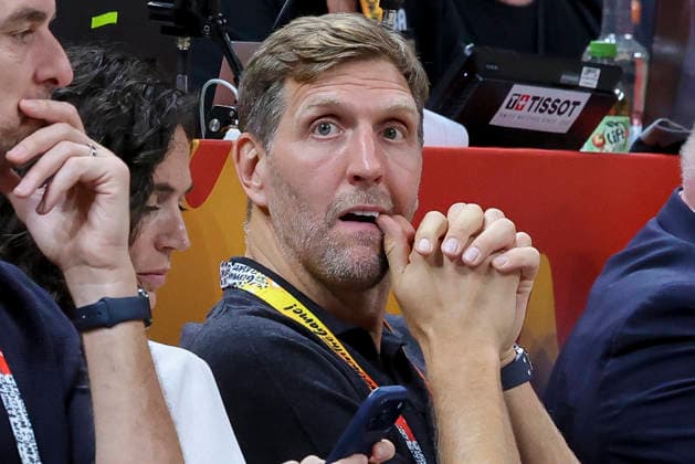 Dirk Nowitzki looks dejected during the FIBA Women s Basketball World Cup Germany 2026 semifinal match between France and Germany at the Berlin Arena on September 12, 2026, in Berlin, Germany. Photo by Marco Steinbrenner, DeFodi Images