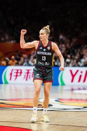 FIBA Women’s Basketball World Cup 2026: France vs. Germany, September 12, 2026; Leonie Fiebich of Germany, No. 13, celebrates; CELEBRATION; Basketball; FIBA Women’s Basketball World Cup 2026; Final Phase, Semifinal: France vs. Germany on September 12, 2026, at the Uber Arena, Berlin Copyright: xBEAUTIFULxSPORTS Tonhäuserx