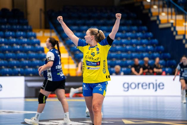 HSG Blomberg Lippe (GER) vs. Storhamar Handball Elite (NOR), Handball, EHF Champions League Women, Group Stage, September 12, 2026, 2026–2027 Season, Lemgo: Christina Pedersen of Storhamar Handball Elite, 26, celebrates after scoring a goal at the Phoenix Contact Arena in Lemgo, Germany