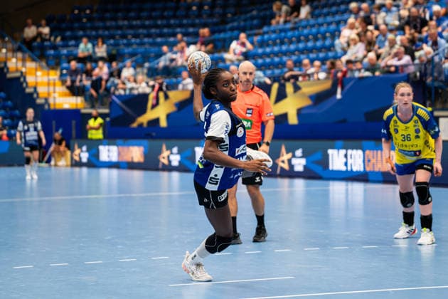HSG Blomberg Lippe GER vs. Storhamar Handball Elite NOR, Handball, EHF Champions League Women, Group Stage, September 12, 2026, 2026–2027 Season, Lemgo’s Farrelle Njinkeu of HSG Blomberg Lippe, 55 on a 7-meter throw at the Lemgo Phoenix Contact Arena in Germany