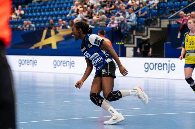 HSG Blomberg Lippe GER vs. Storhamar Handball Elite NOR, Handball, EHF Champions League Women, Group Stage, September 12, 2026, 2026–2027 Season, Lemgo’s Farrelle Njinkeu of HSG Blomberg Lippe, 55, celebrates after scoring a goal at the Lemgo Phoenix Contact Arena in Germany
