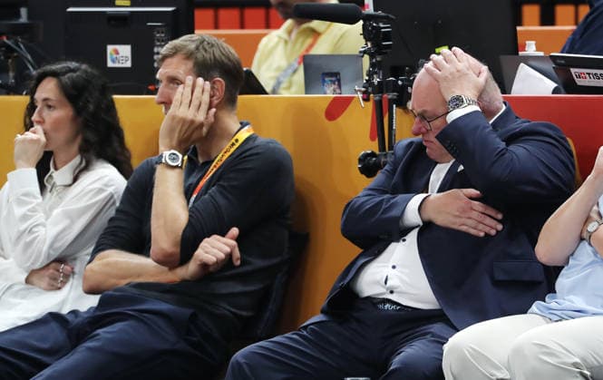 Dirk Nowitzki, DBB President Ingo Weiss, Upper Body Action, Sports, Basketball, FIBA World Cup, World Championship, Women s World Championship, Semifinals, 2026–2027 Season, December 9, 2026, France (FRA) vs. DBB Germany (GER)