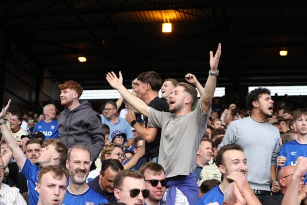 12th September 2026; Selhurst Park, London, England; Premier League Football, Crystal Palace versus Ipswich Town; Ipswich Town fans celebrate their team goal by Zian Flemming in the 90th minute for 2-3 KatiexChan