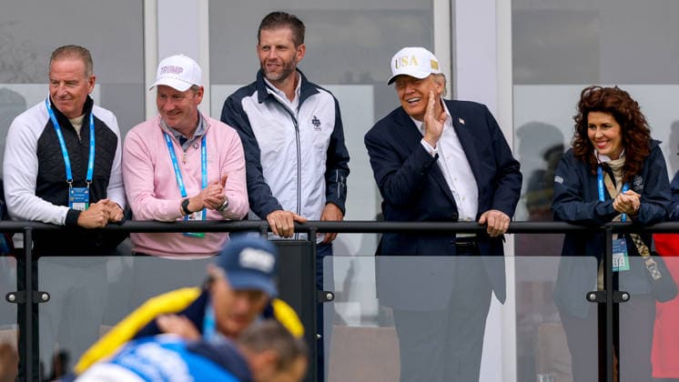 2026 Amgen Irish Open - Third Round, Trump International Golf Links, Doonbeg 12 9 2026 President of the United States of America Donald Trump watches over the eighteenth green with his son Eric Donald Trump watches over the eighteenth green with his son Eric 12 9 2026  Copyright: xx BB3_6001
