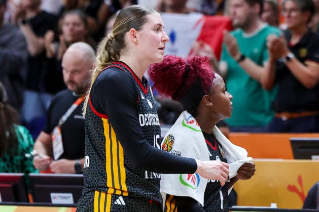Luisa Geiselsoder of Germany and Alexis Peterson of Germany look dejected during the FIBA Women s Basketball World Cup Germany 2026 semifinal match between France and Germany at the Berlin Arena on September 12, 2026, in Berlin, Germany. Photo by Marco Steinbrenner, DeFodi Images