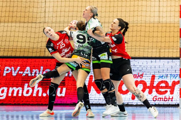 September 12, 2026, GER, Handball, Women, 2026–2027 Season, Alsco 1st Division, Matchday 3, Thüringer HC vs. Frisch Auf Göppingen: Lara Daeuble (Frisch Auf Göppingen), Luisa Schulze (Frisch Auf Göppingen), Macela Arounian (Thüringer HC, 36), Jolina Huhnstock, Thüringer HC, 45, 99947 Bad Langensalza, Salza, Halle, Mehrz Sports Hall, Thuringia, Germany