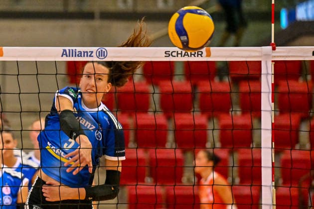 Volleyball Exhibition Match: Allianz MTV Stuttgart vs. VC Kanti Schaffhausen, September 12, 2026; Exhibition Match, Volleyball, Women s, 2026–2027 Season; Allianz MTV Stuttgart in blue vs. VC Kanti Schaffhausen (CH) in black; Lydia Grote, Copyright: xBEAUTIFULxSPORTS TomxBlochx